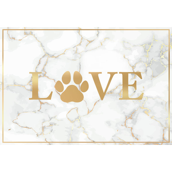 Gold paw print with 'LOVE' on a marble background