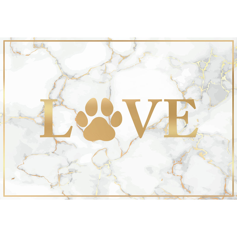Gold paw print with 'LOVE' on a marble background