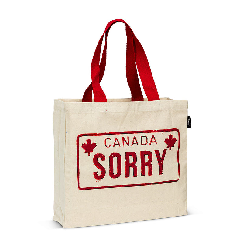 sorry license plate tote bag
