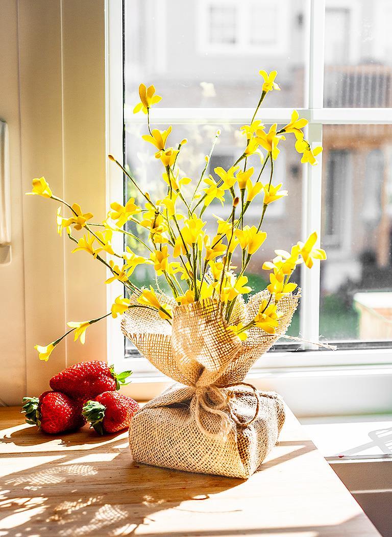 Forsythia Branches with Burlap Base